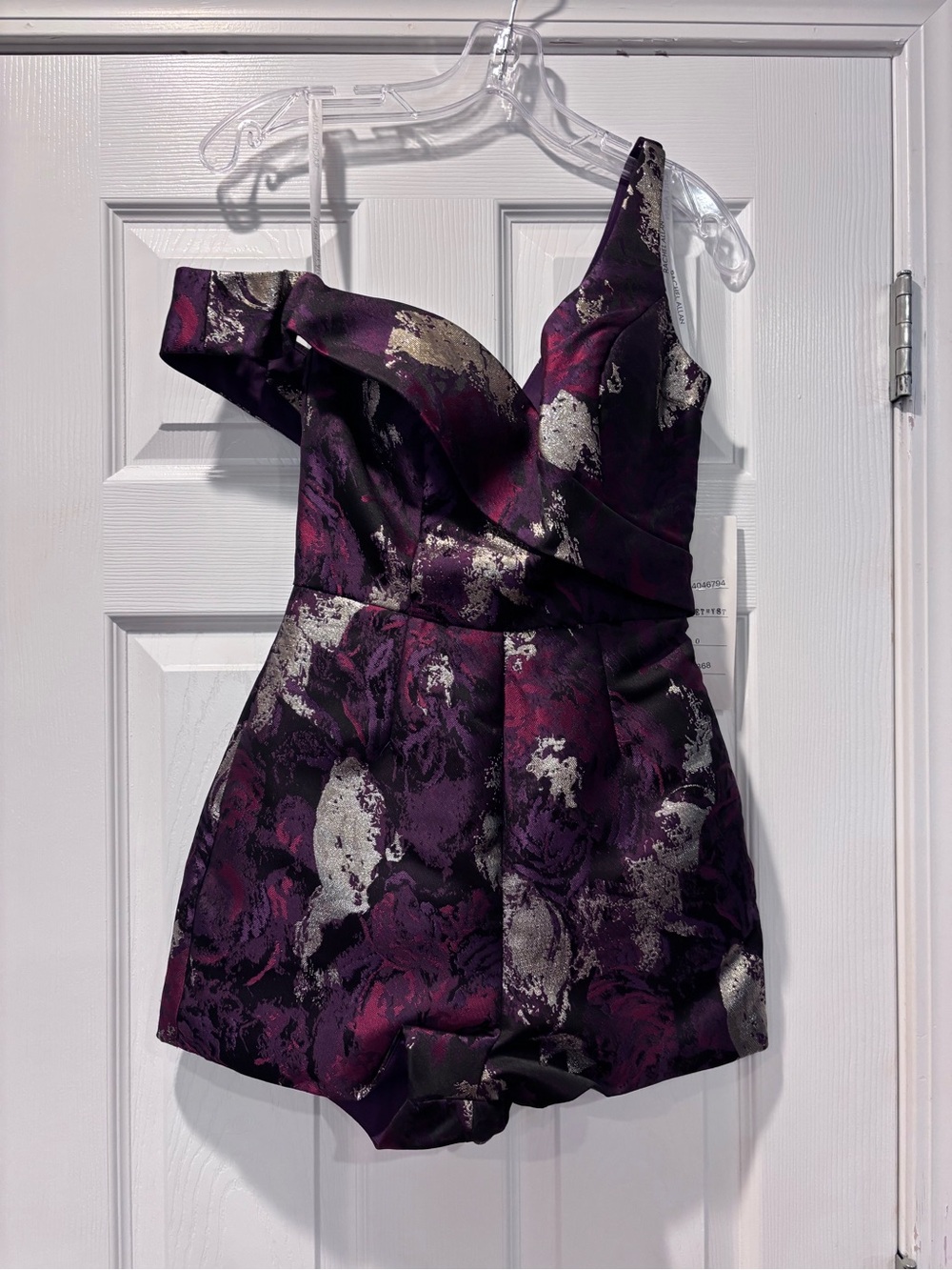 Rachel Allen size 0 One-Shoulder Floral Jacquard Romper in Purple and Silver